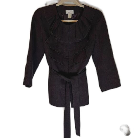 Loft Jacket 6 Brown Belted Wool Blend Ruffle Neckline Classic Feminine Blazer - Picture 4 of 8